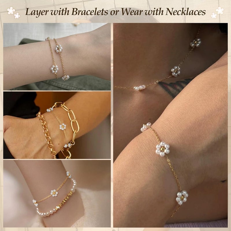DAYANEY Pearl Bracelets for Women, Gold Bracelet Silver Pearl Jewelry as Valentines Gifts for Girls, Dainty Daisy and Heart Braclets Cute Floral Prom Jewelry for Bridesmaid Brazaletes Para Mujer - Image 5